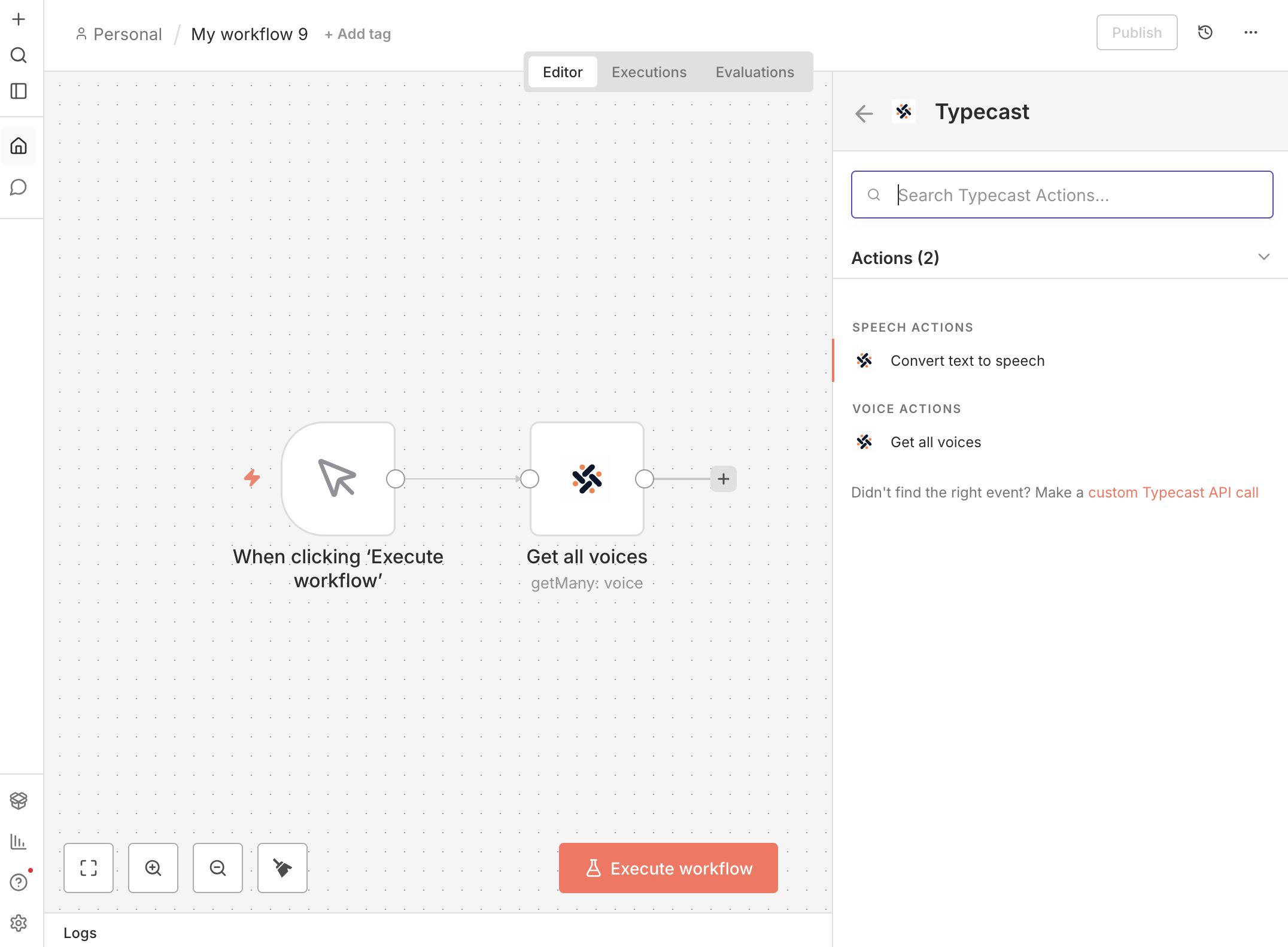 Typecast node actions list