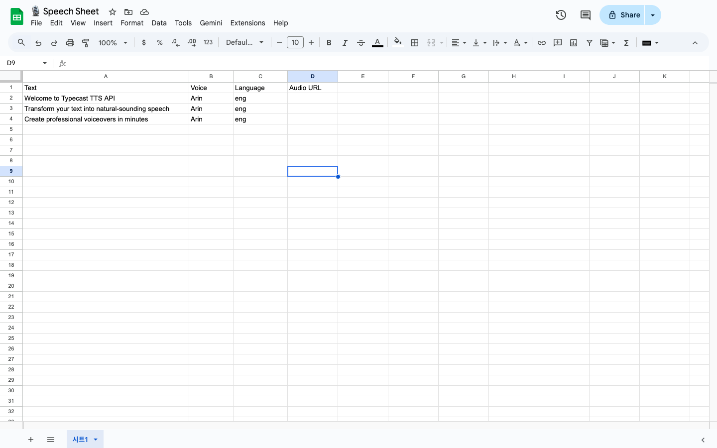 Google Sheet with Text, Voice, Language, and Audio URL columns